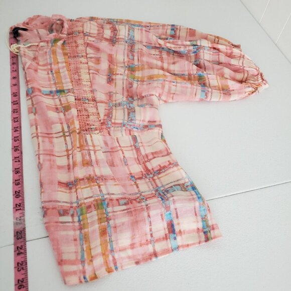 Zac & Rachel Womens Pink Plaid Blouse Size XL Smocked Tie Ruffled Neck Peasant - Picture 8 of 10